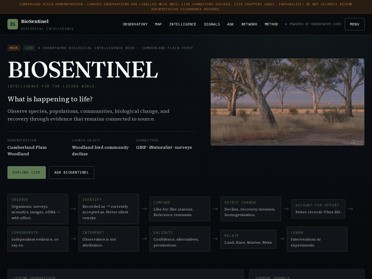 Landing-page snapshot of biosentinel.net