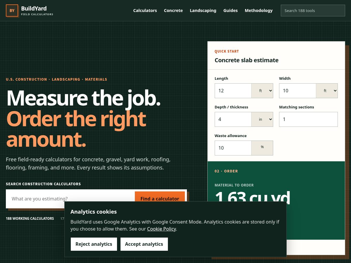Landing-page snapshot of buildyardcalculators.com