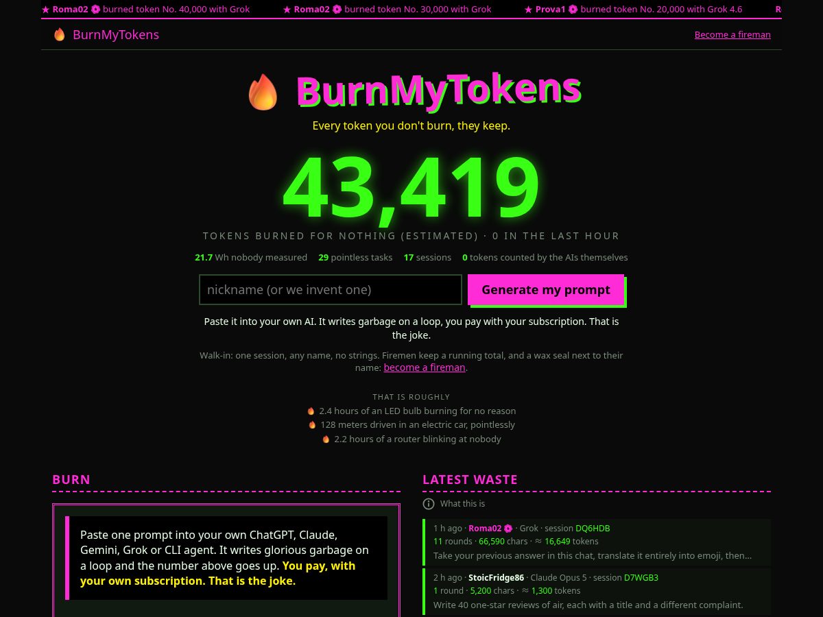 Landing-page snapshot of burnmytokens.dev
