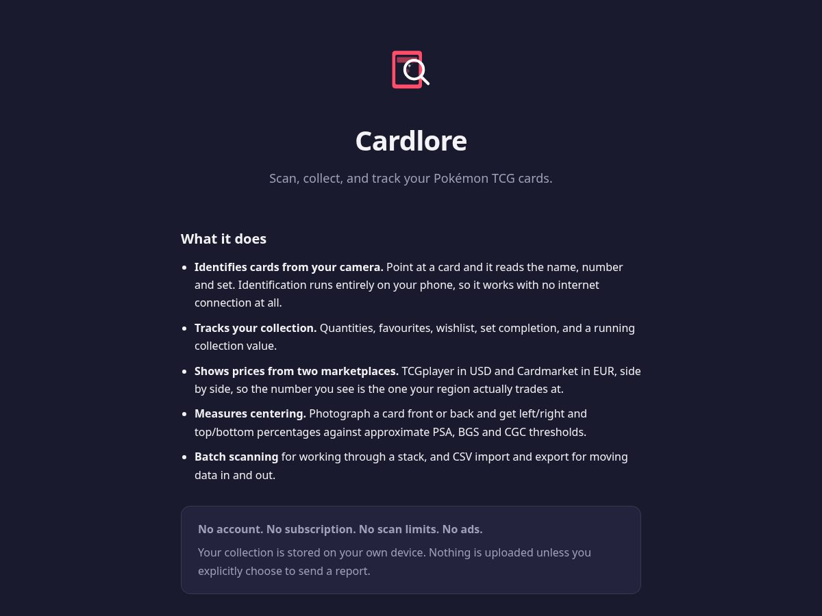 Landing-page snapshot of cardlore.app