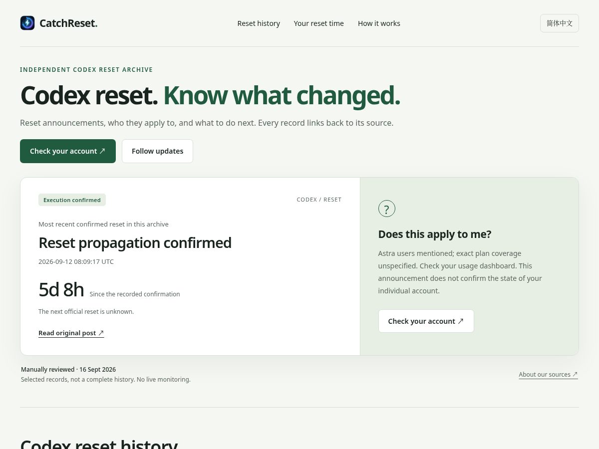 Landing-page snapshot of catchreset.com