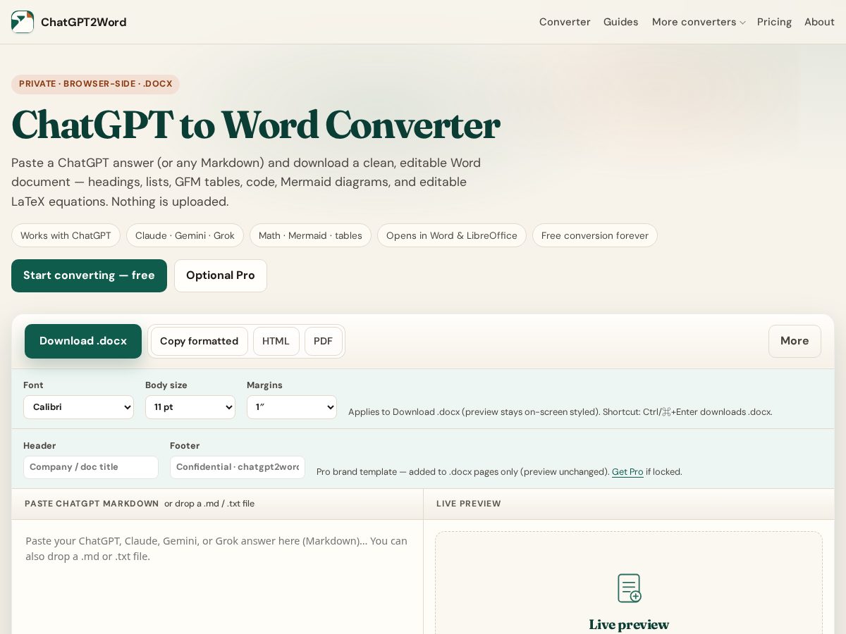 Landing-page snapshot of chatgpt2word.com