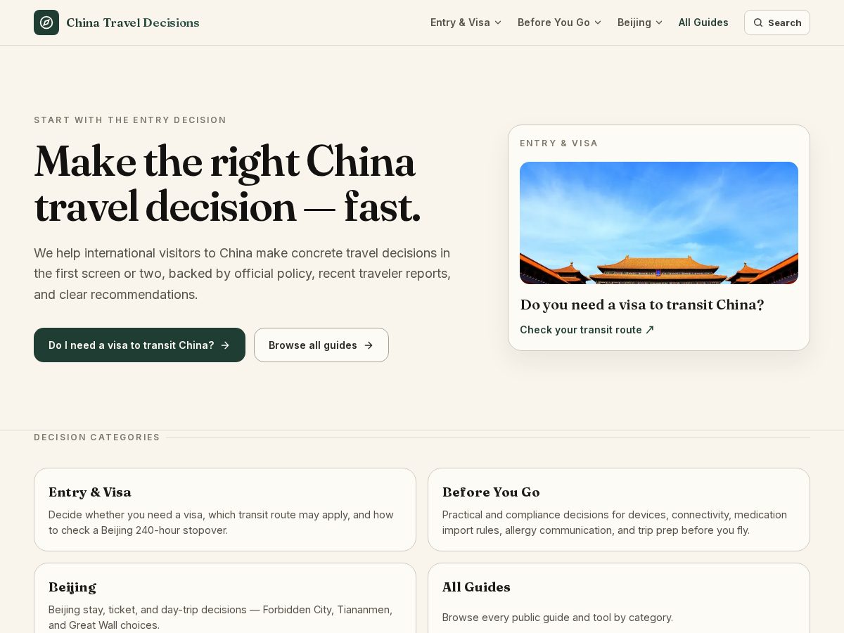 Landing-page snapshot of chinatraveldecisions.com