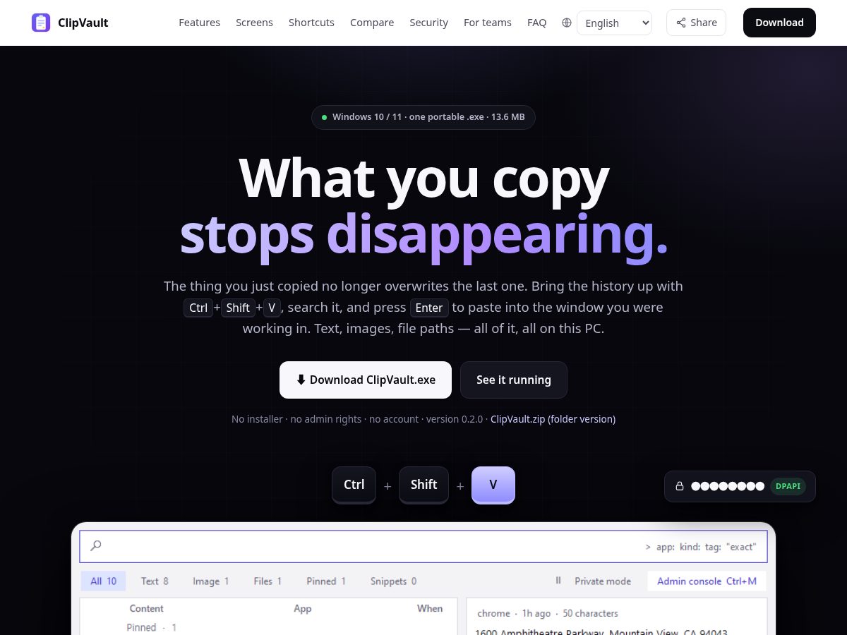 Landing-page snapshot of clipvault.dev