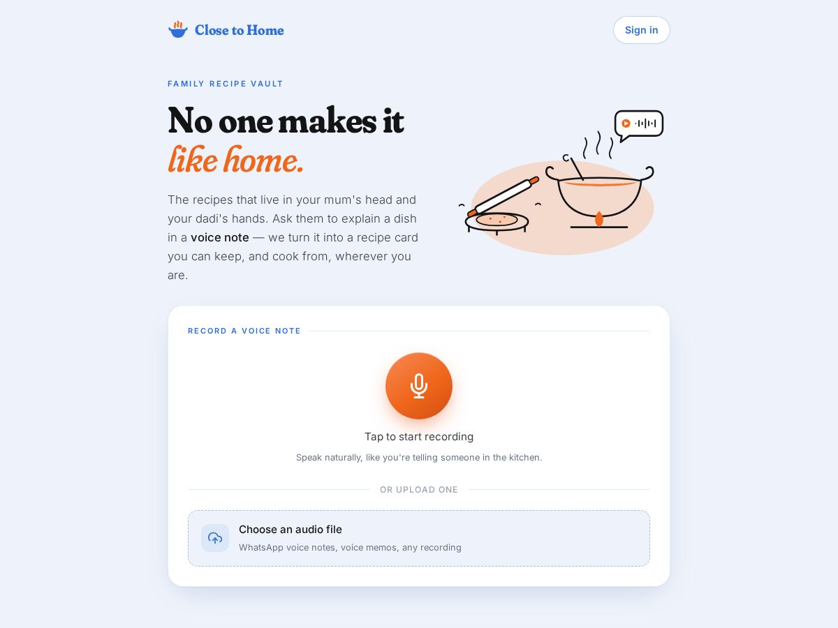 Landing-page snapshot of closetohome.app