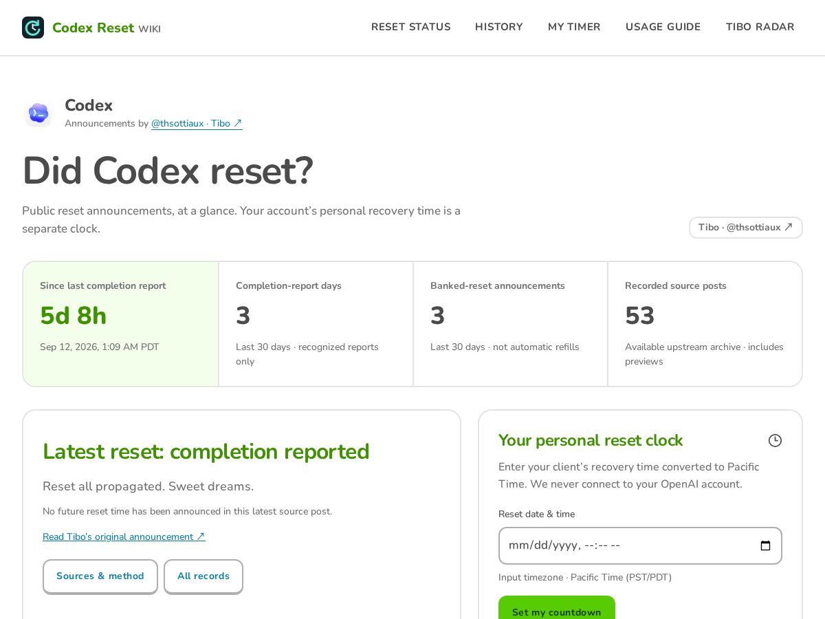Landing-page snapshot of codex-reset.wiki