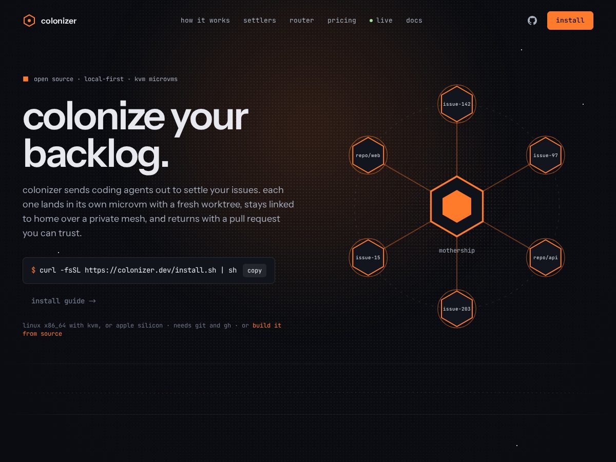 Landing-page snapshot of colonizer.dev