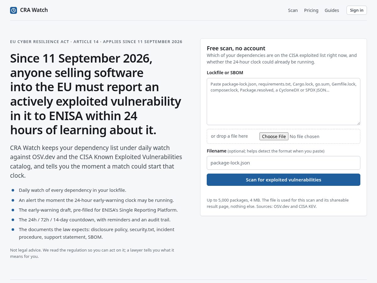 Landing-page snapshot of crawatch.dev