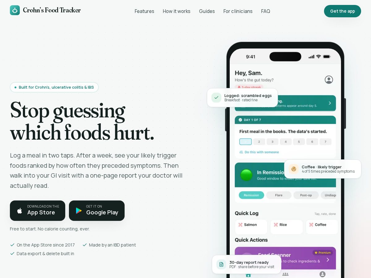 Landing-page snapshot of crohnsfoodtracker.app