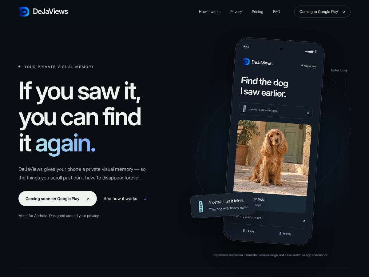 Landing-page snapshot of dejaviews.app