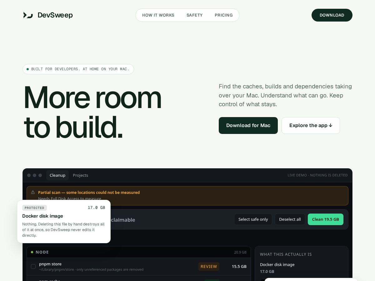 Landing-page snapshot of devsweep.app
