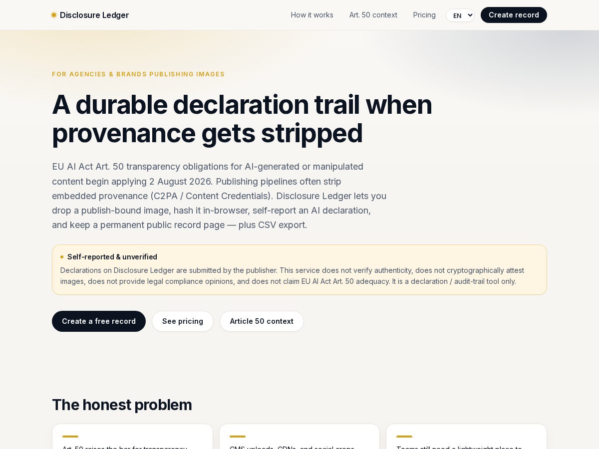 Landing-page snapshot of discloseledger.com