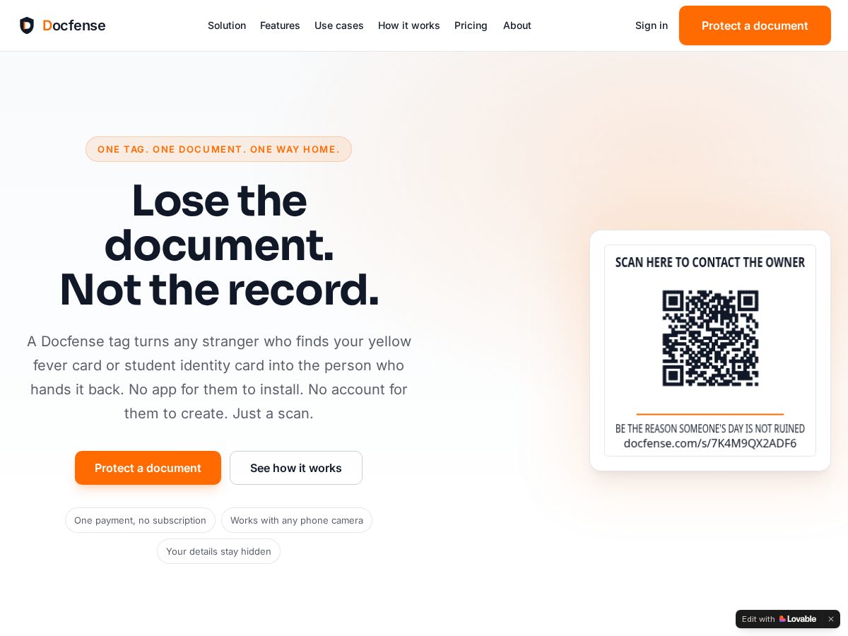 Landing-page snapshot of docfense.com