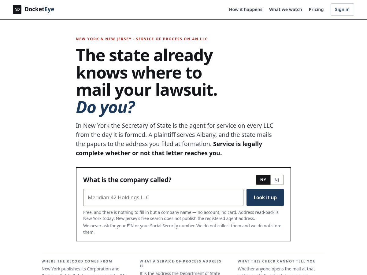 Landing-page snapshot of docketeye.com