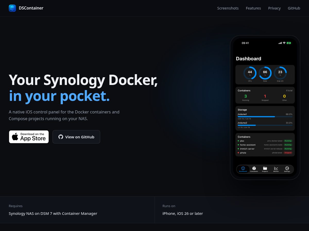 Landing-page snapshot of dscontainer.app