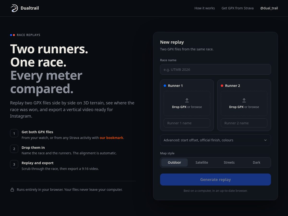 Landing-page snapshot of dualtrail.run