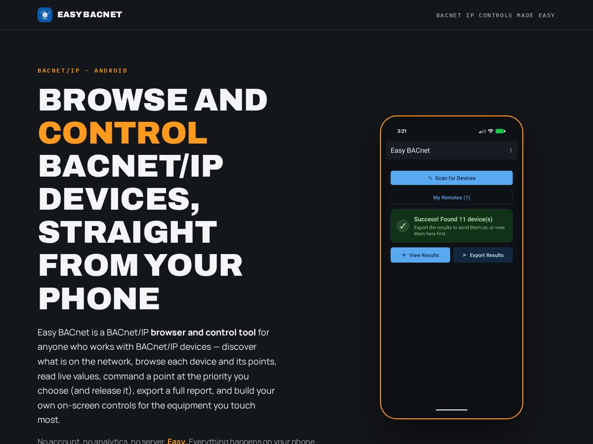 Landing-page snapshot of easybacnet.com