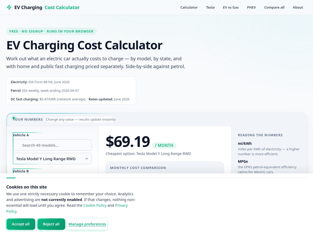 Landing-page snapshot of evchargingcost.online