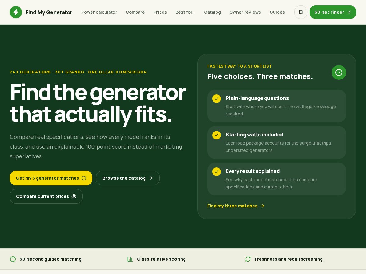 Landing-page snapshot of findmygenerator.com