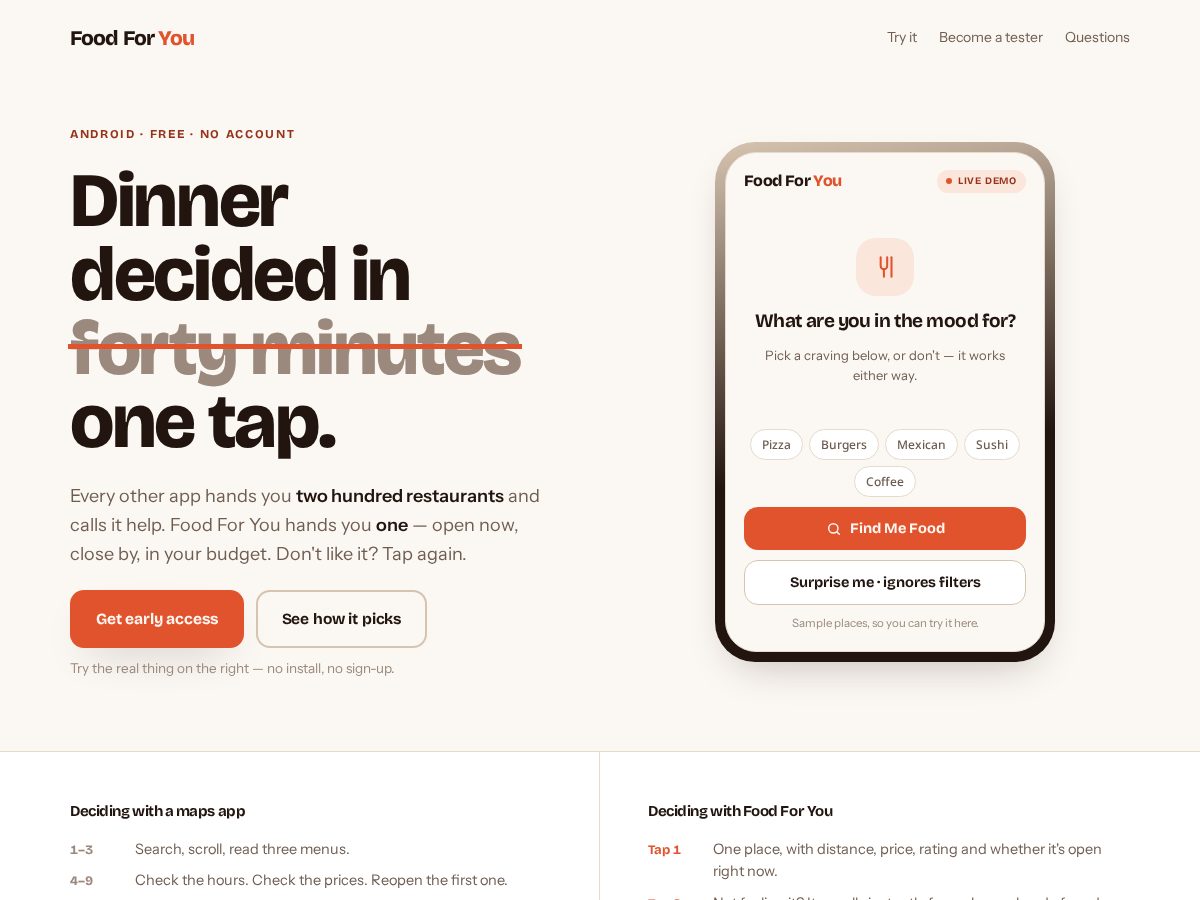 Landing-page snapshot of foodforyou.app