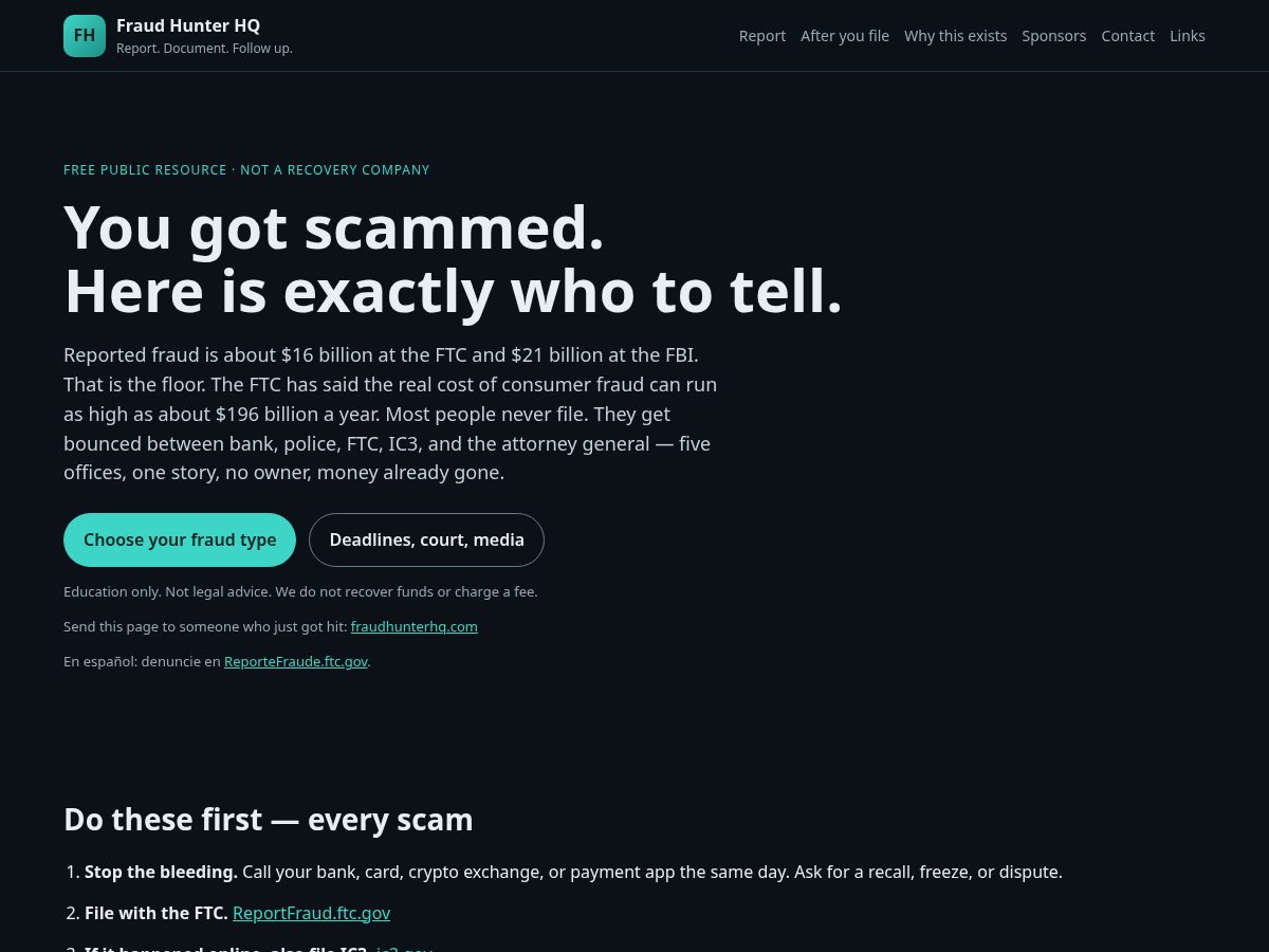 Landing-page snapshot of fraudhunterhq.com