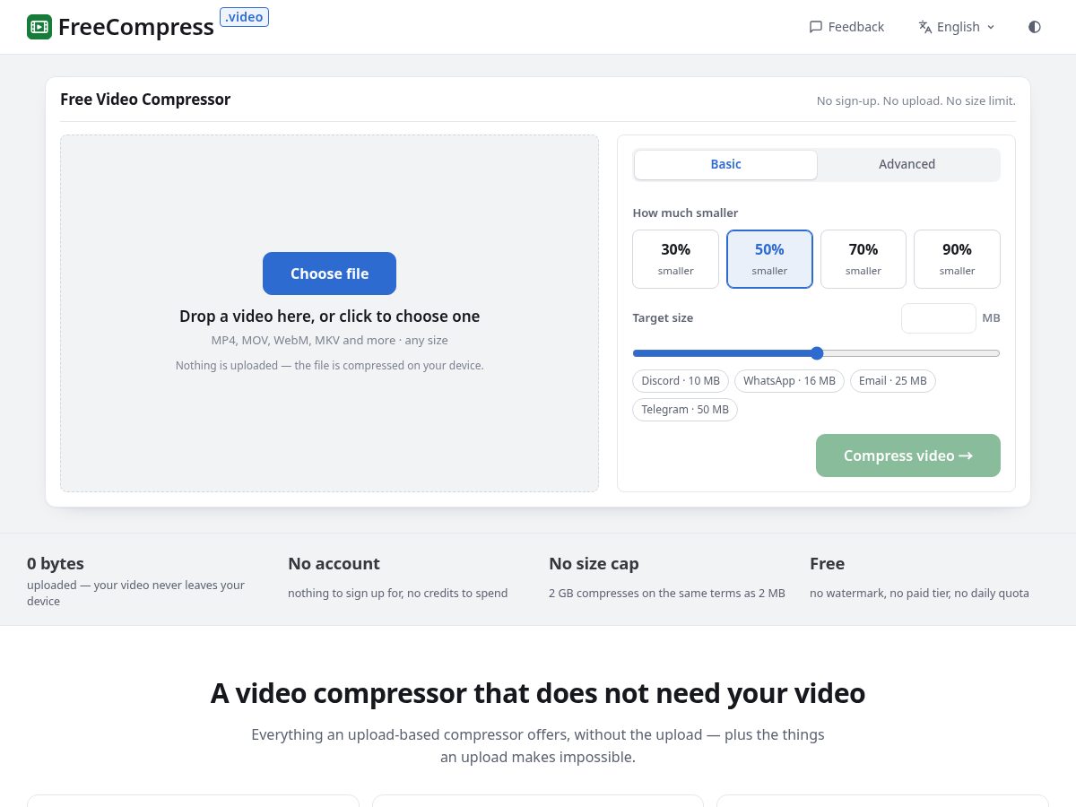 Landing-page snapshot of freecompress.video