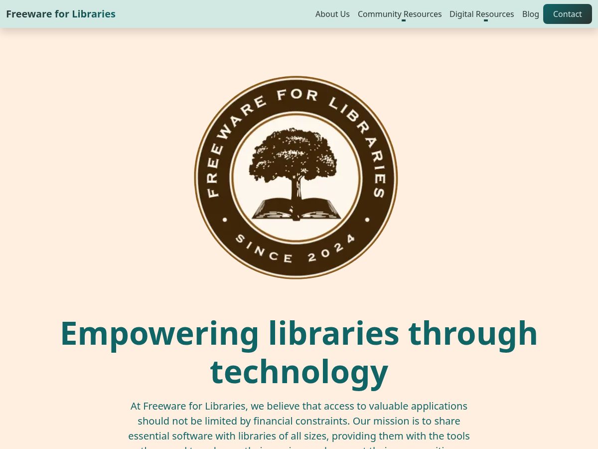 Landing-page snapshot of freewareforlibraries.org