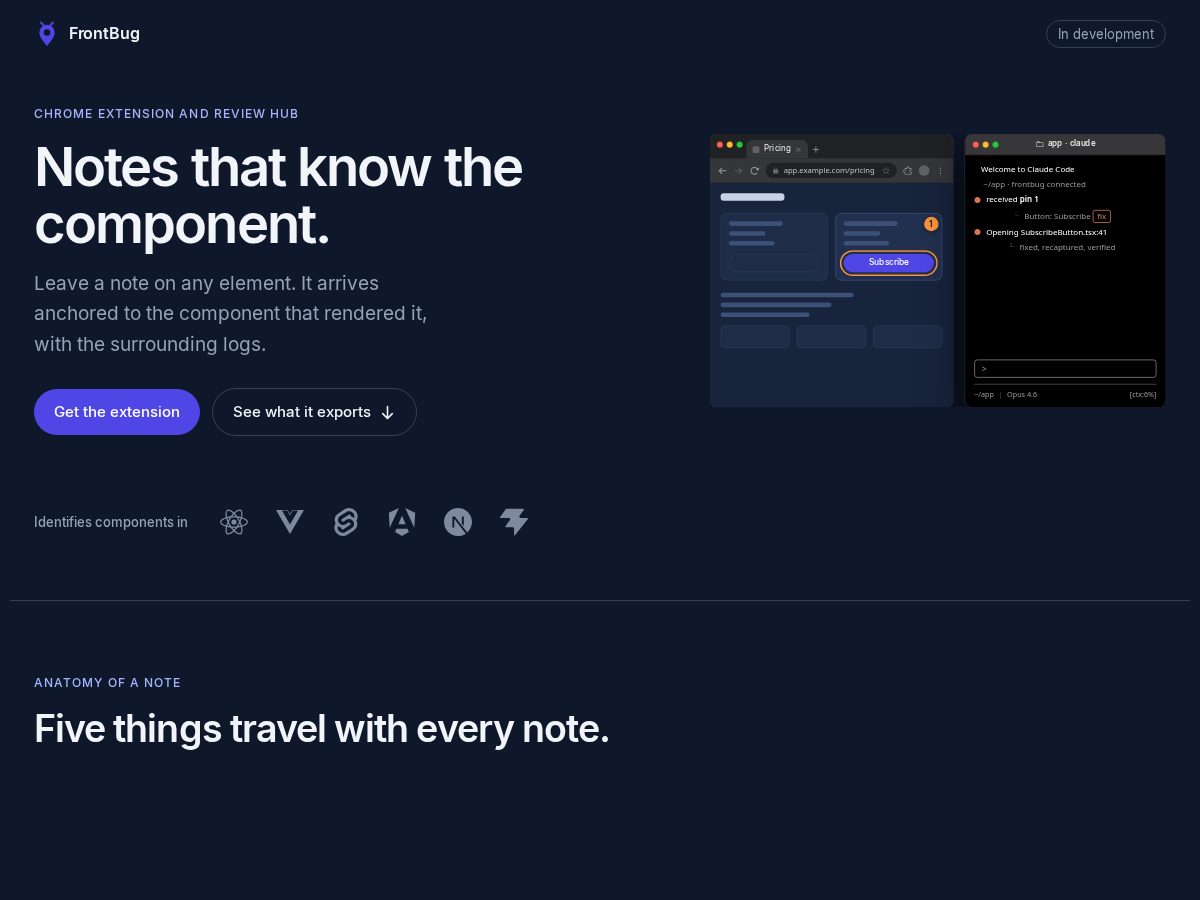 Landing-page snapshot of frontbug.com
