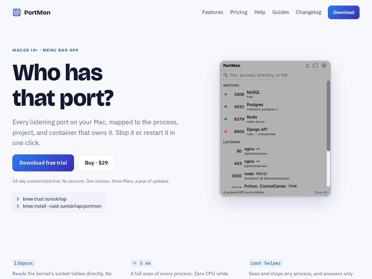 Landing-page snapshot of getportmon.com