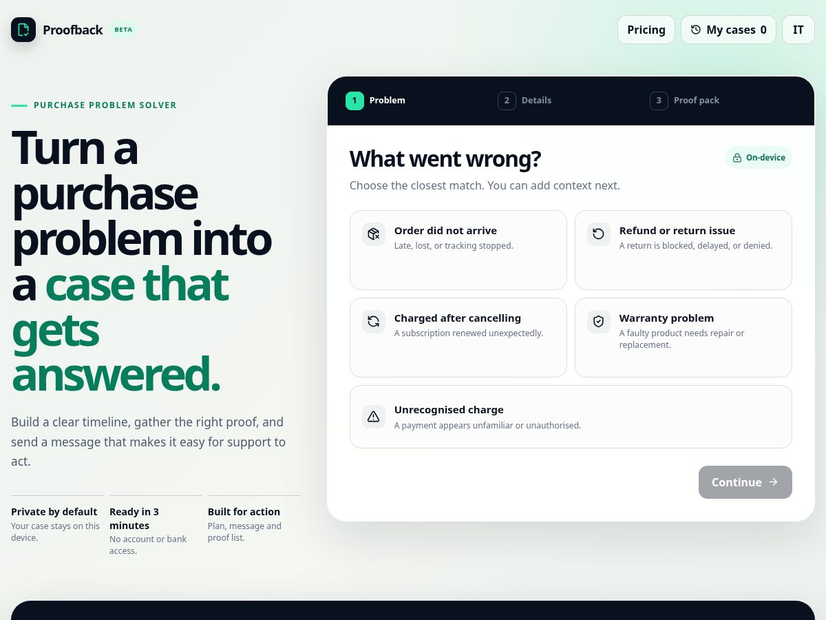Landing-page snapshot of getproofback.com