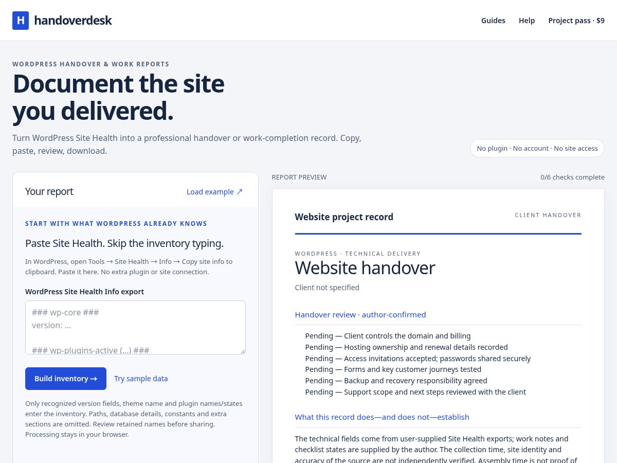Landing-page snapshot of handoverdesk.com