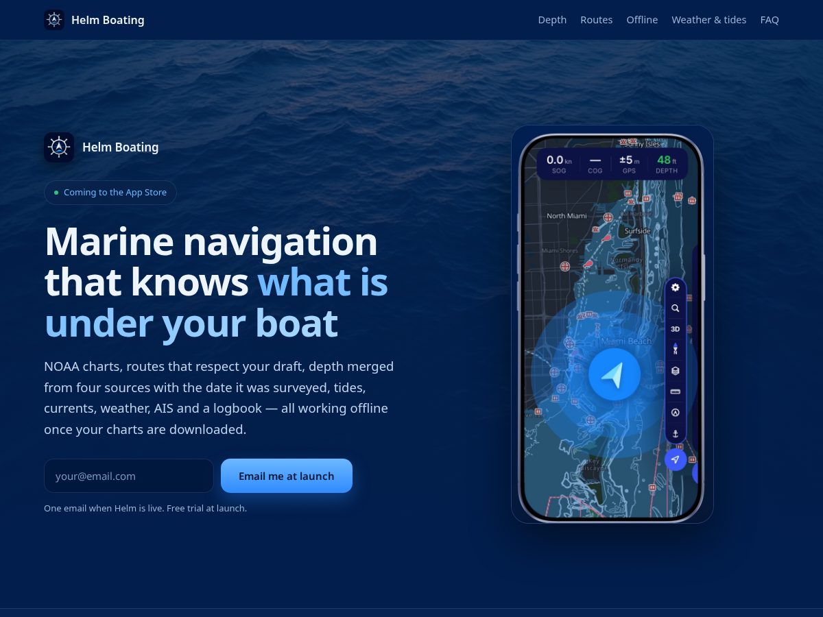 Landing-page snapshot of helmboating.app