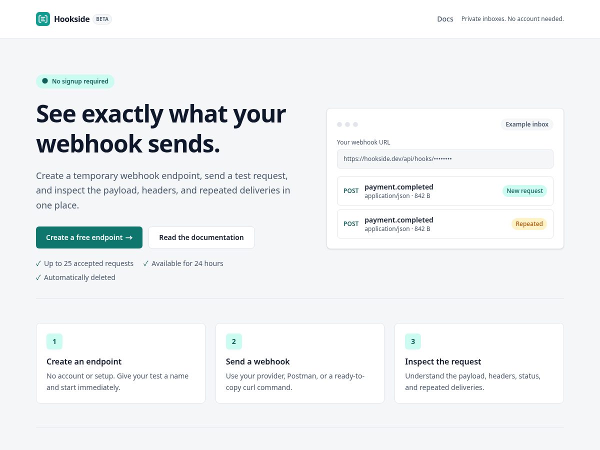 Landing-page snapshot of hookside.dev