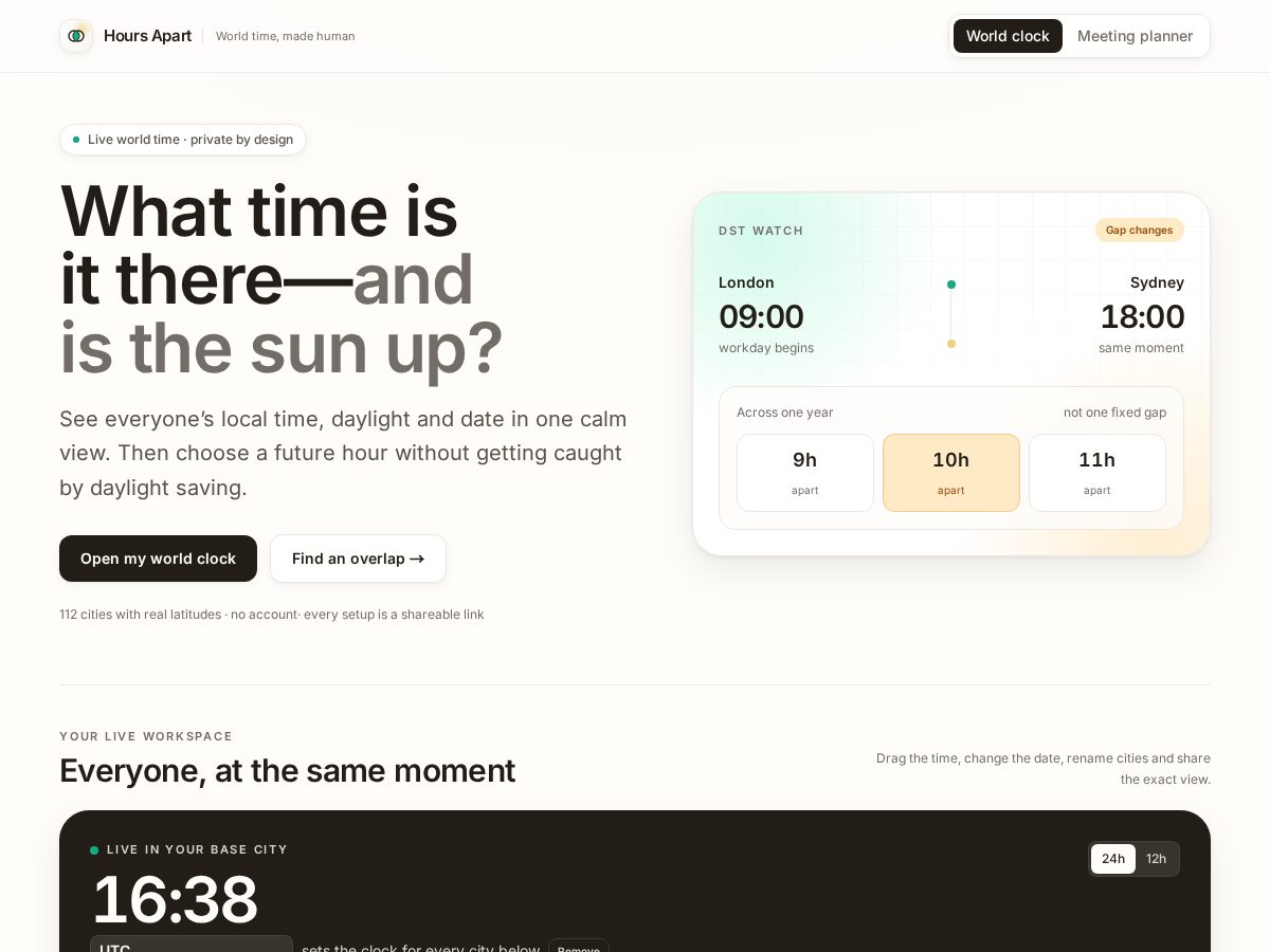 Landing-page snapshot of hoursapart.app