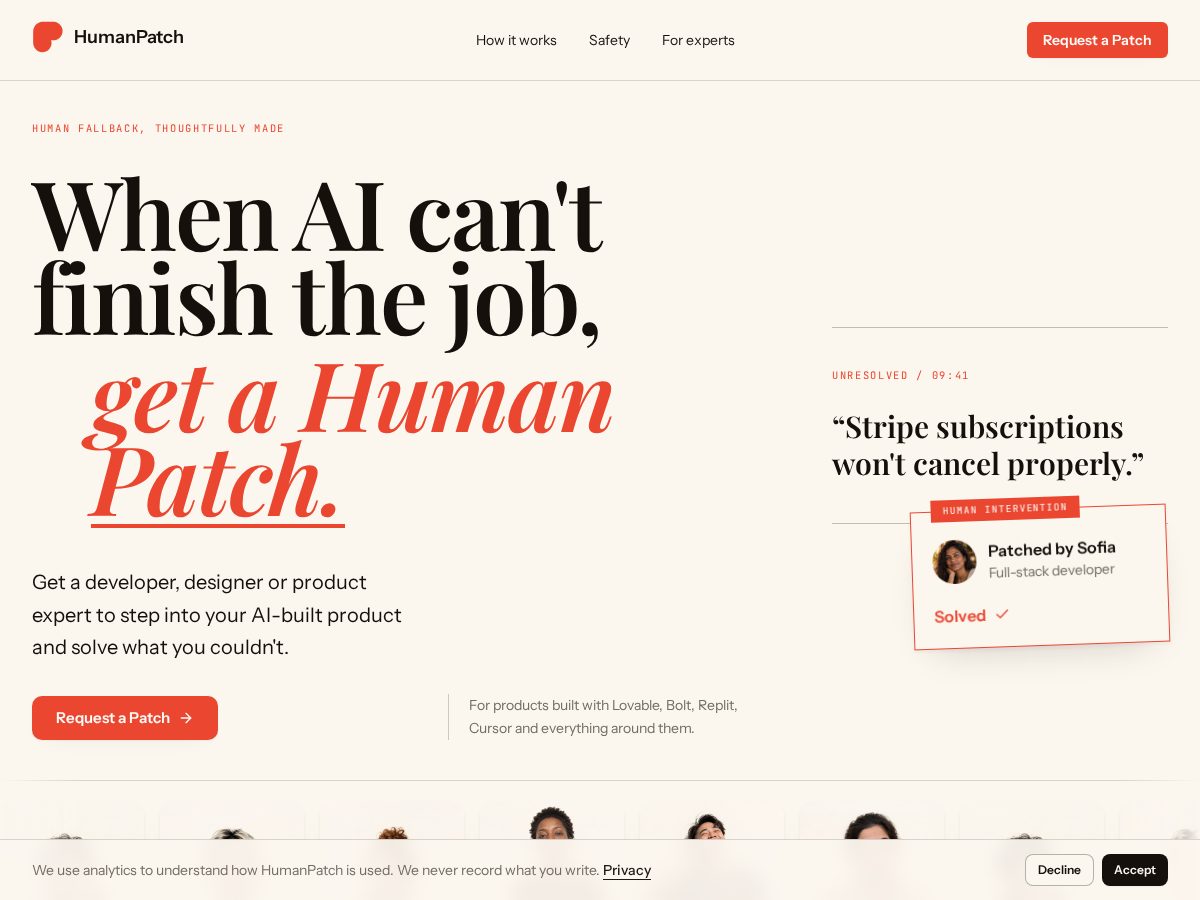 Landing-page snapshot of humanpatch.dev