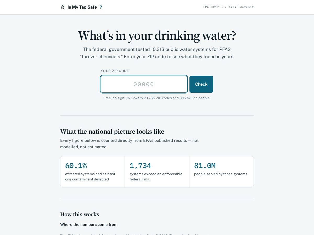 Landing-page snapshot of ismytapsafe.com