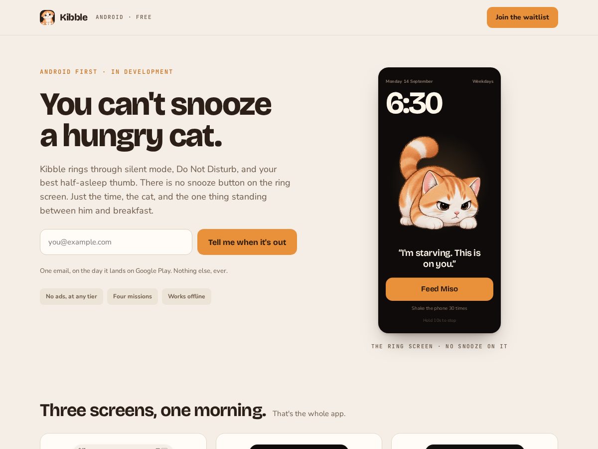Landing-page snapshot of kibblealarm.app
