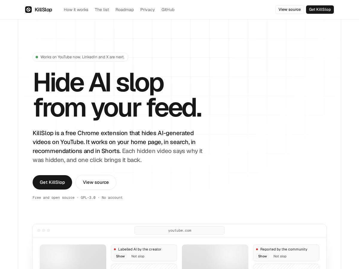Landing-page snapshot of killslop.app