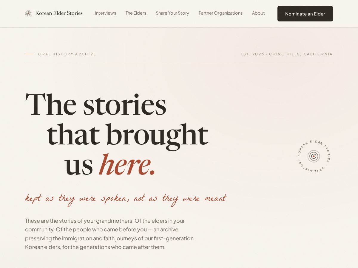 Landing-page snapshot of koreanelderstories.org
