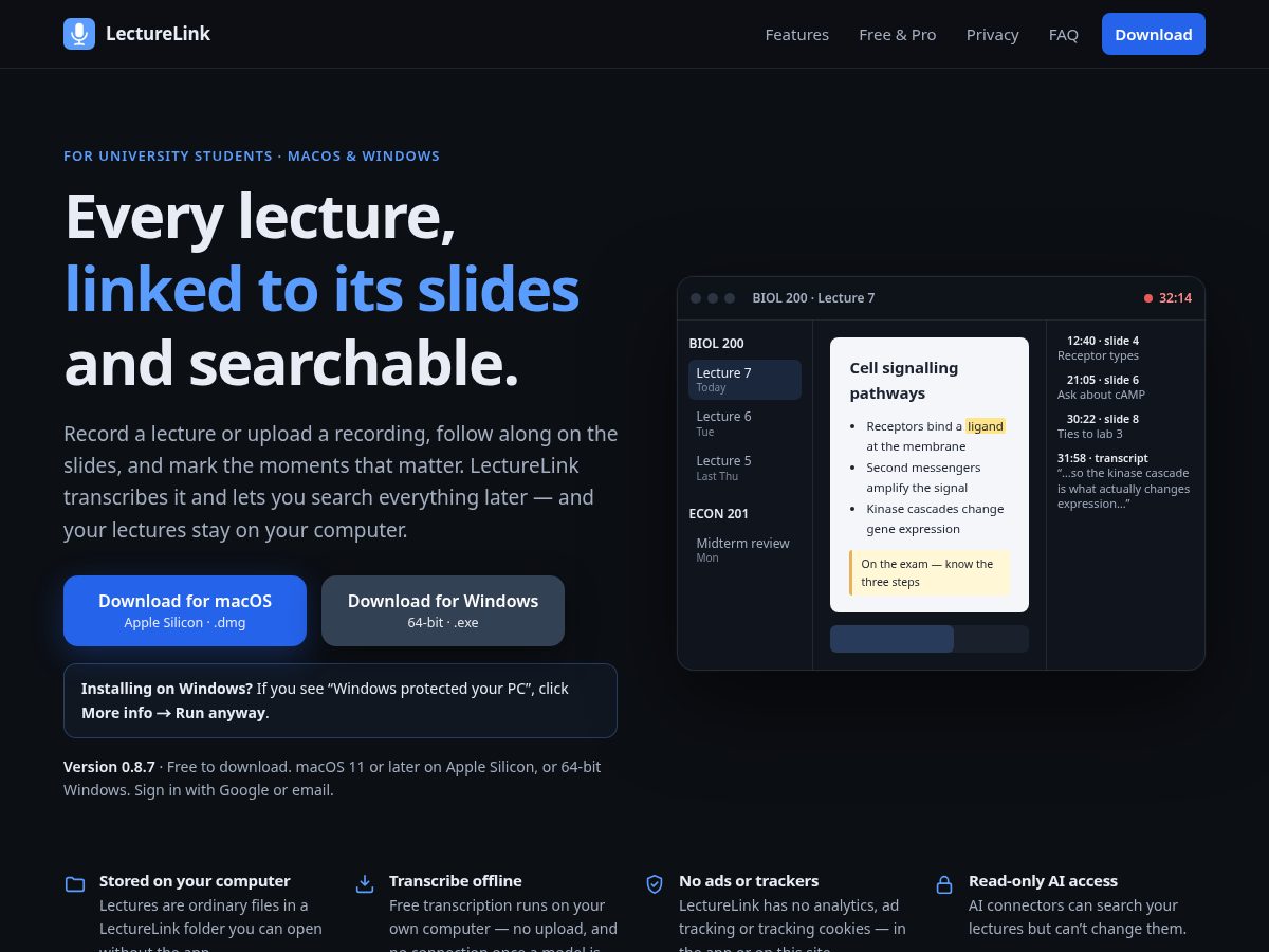 Landing-page snapshot of lecturelinkapp.com