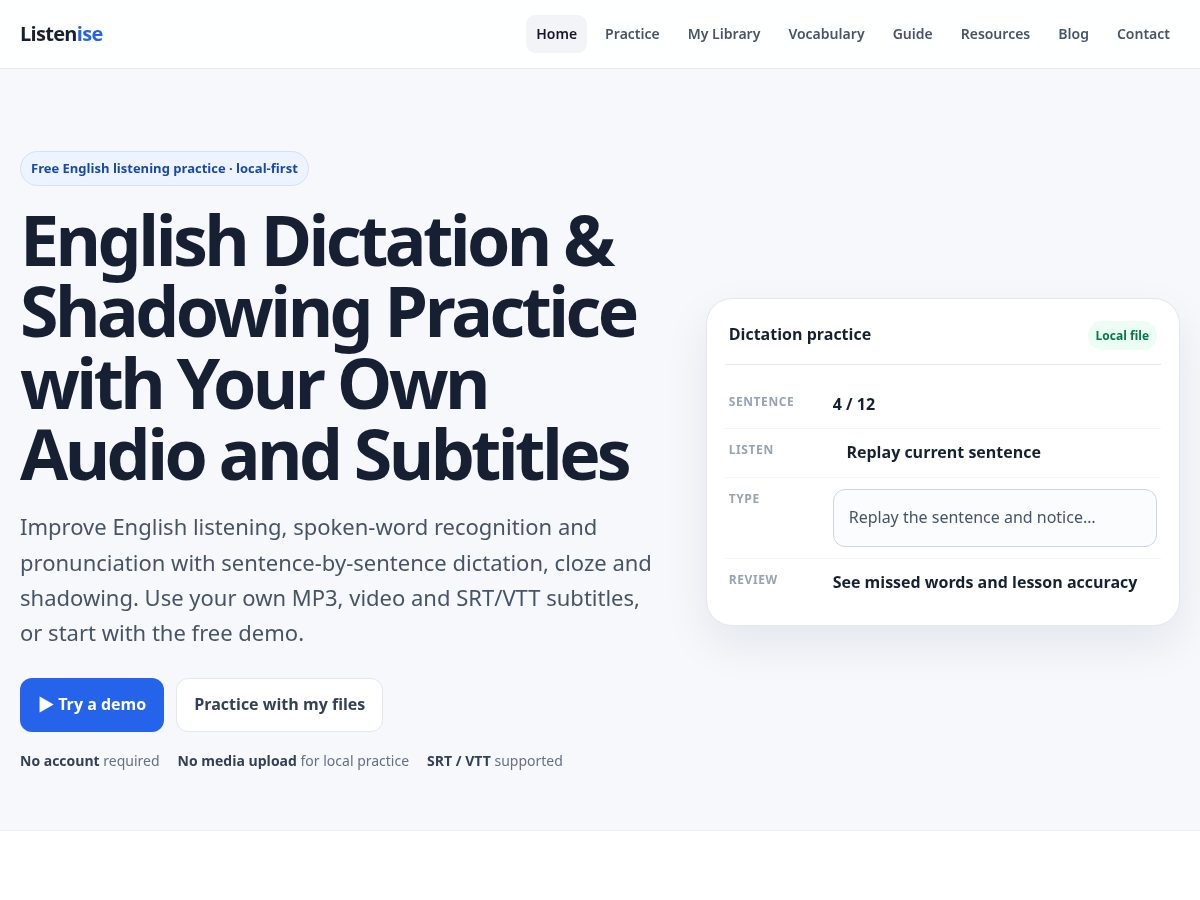 Landing-page snapshot of listenise.com