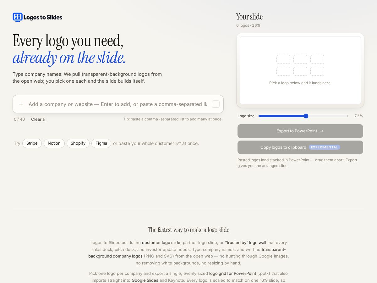 Landing-page snapshot of logostoslides.com