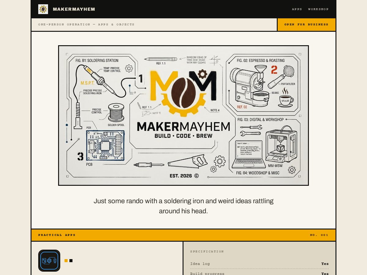 Landing-page snapshot of makermayhem.coffee