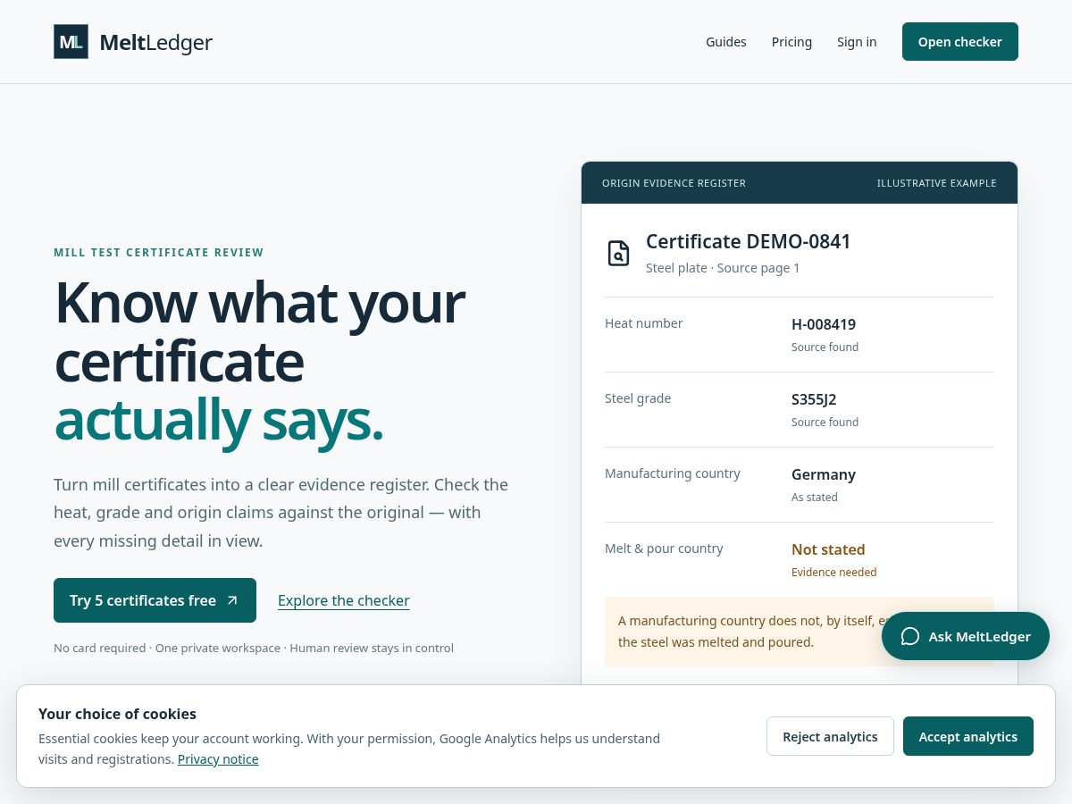 Landing-page snapshot of meltledger.com