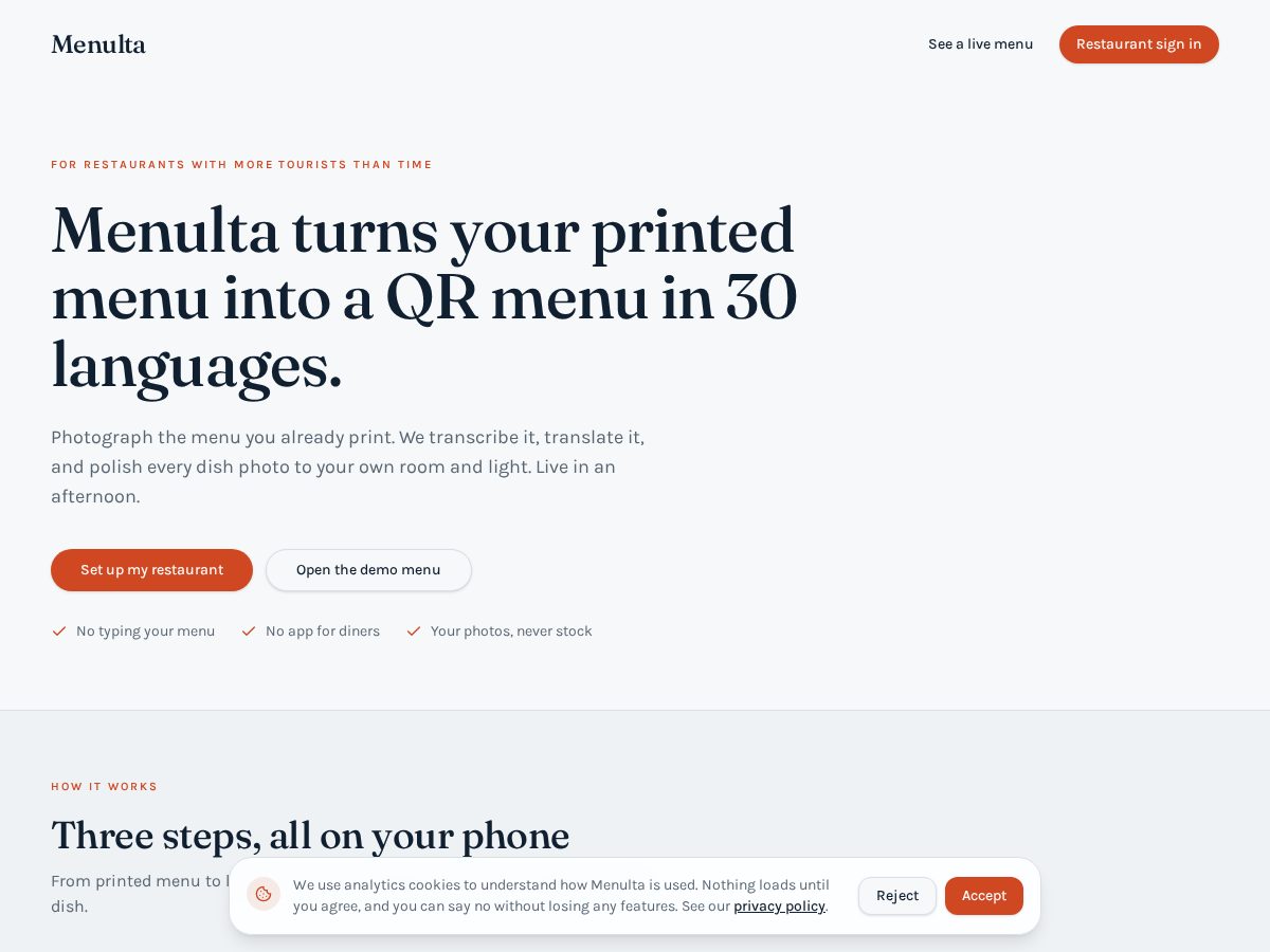 Landing-page snapshot of menulta.com