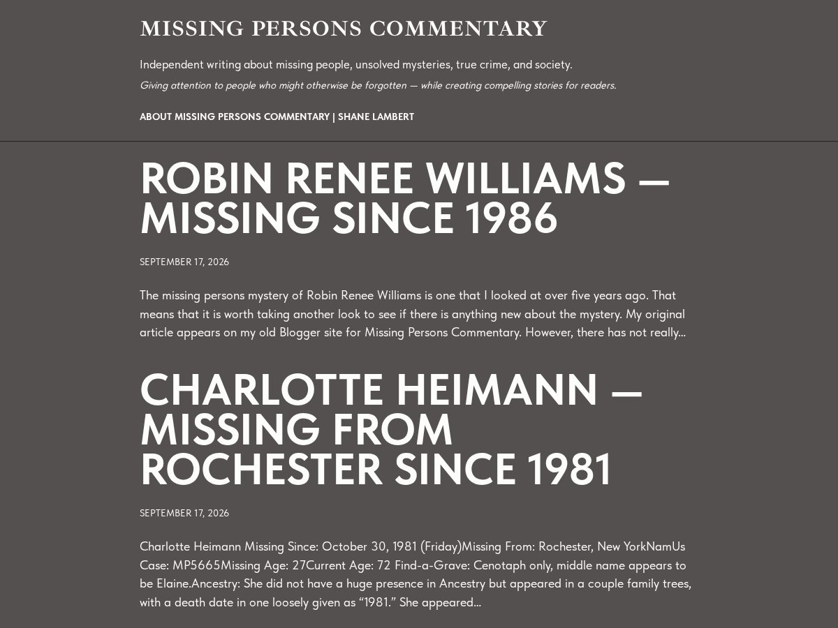 Landing-page snapshot of missingpersonscommentary.com