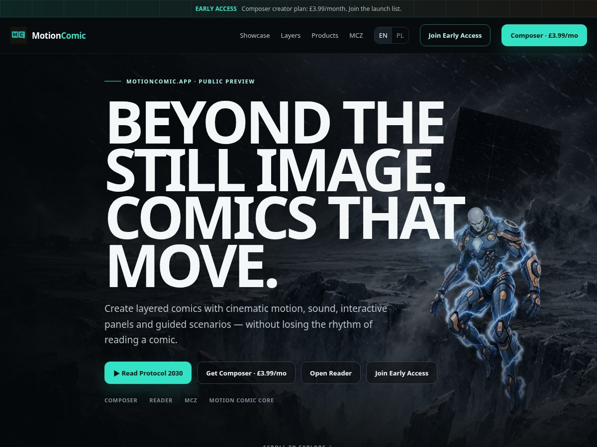 Landing-page snapshot of motioncomic.app