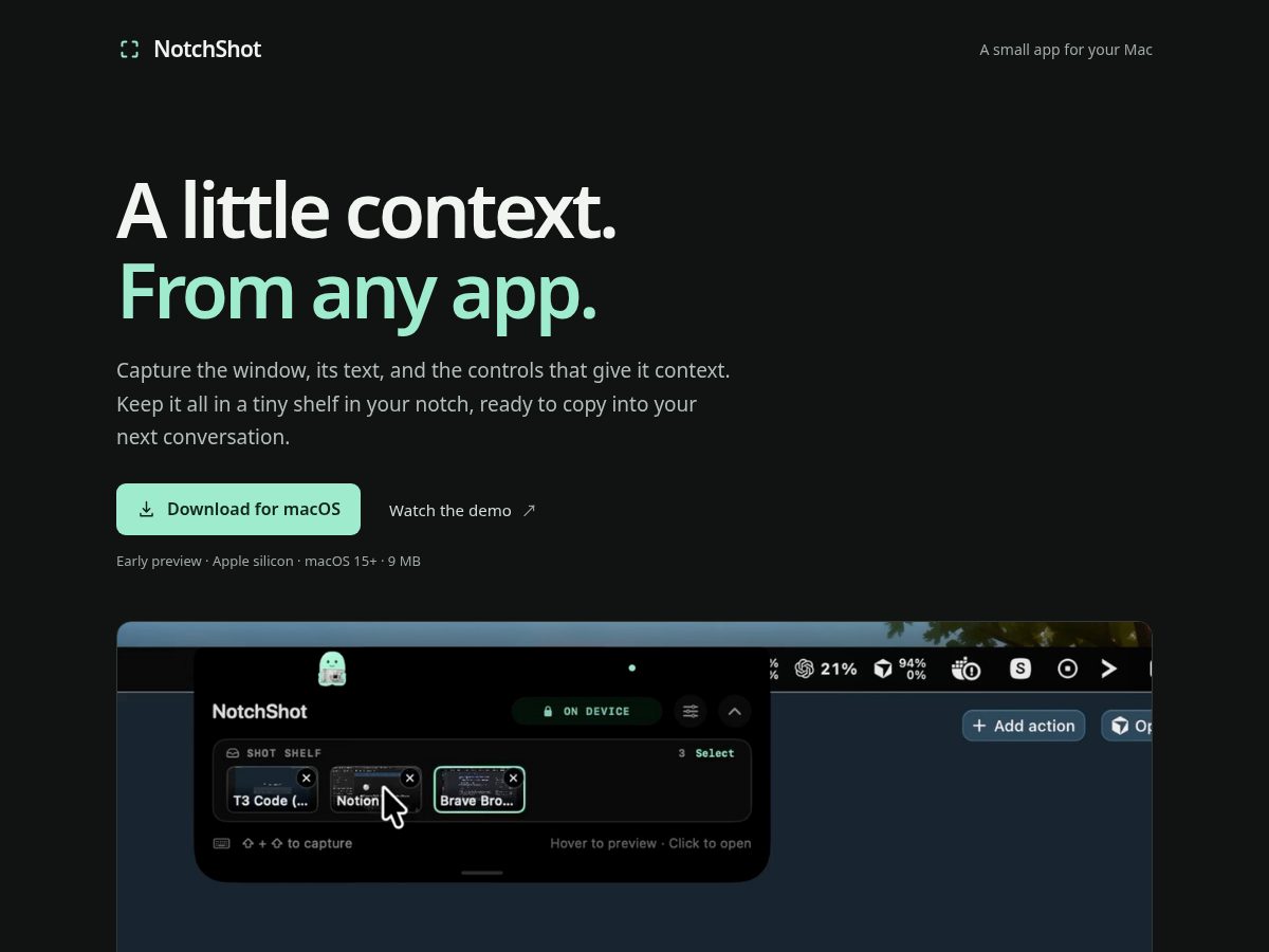 Landing-page snapshot of notchshot.com