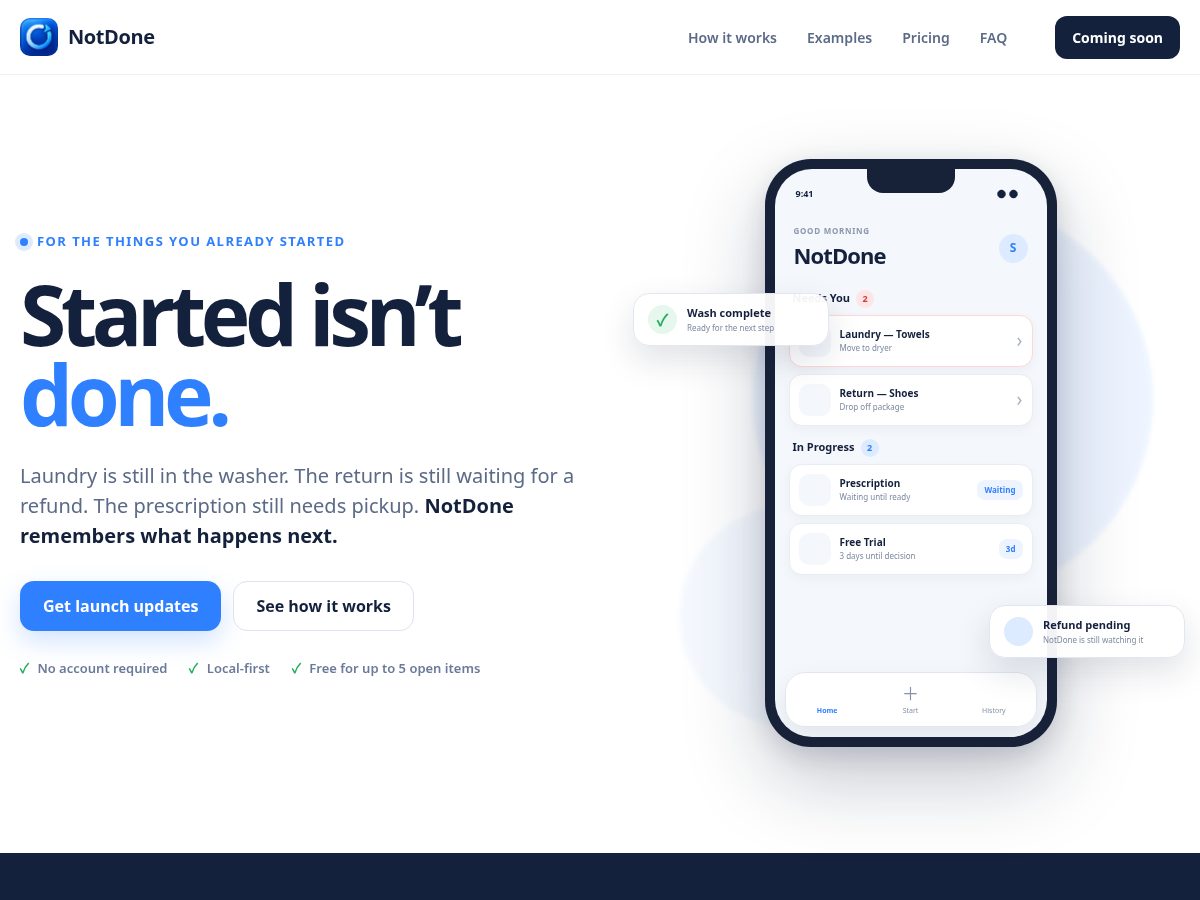 Landing-page snapshot of notdoneapp.com