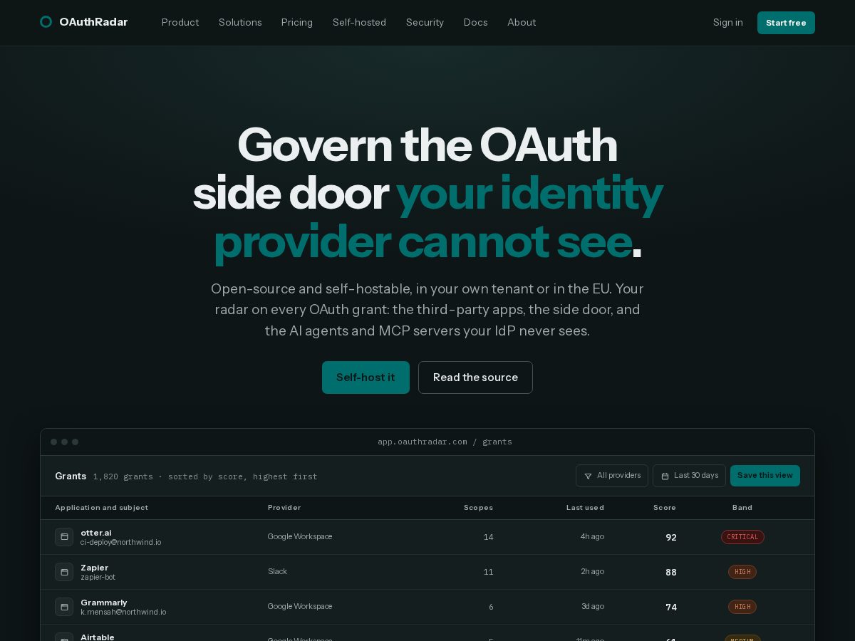 Landing-page snapshot of oauthradar.com
